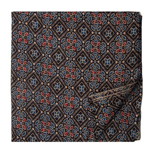 Black and blue screen printed cotton fabric with floral design