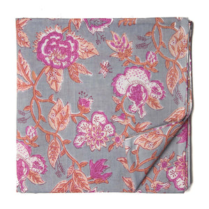 Pink and Grey screen printed cotton fabric with floral design