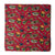 Red screen printed cotton fabric with musical instruments design