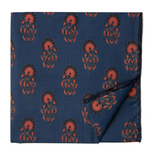 Red and Blue screen printed cotton fabric with man with floral design