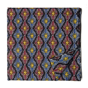 Red and blue screen printed cotton fabric with man with floral design