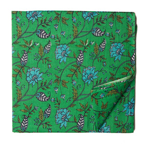 Green and blue screen printed pure cotton fabric with floral design