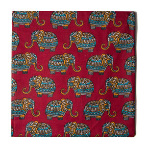Red and blue pure cotton screen printed fabric with elephant print