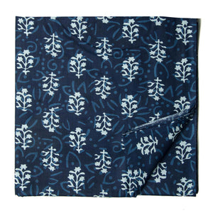 Blue and white pure cotton screen printed fabric with floral print
