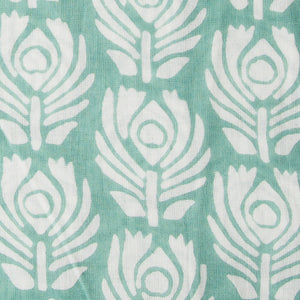 Green & White Cotton Fabric with Peacock Feather Print
