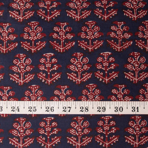 Precut 0.75 meter - Blue & Red Cotton Fabric with Floral Print