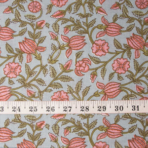 Precut 1meter - Pink & Grey Cotton Fabric with Floral Print